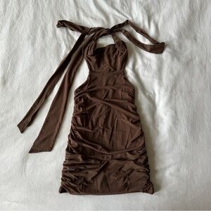 Brown Ruched tie mini dress